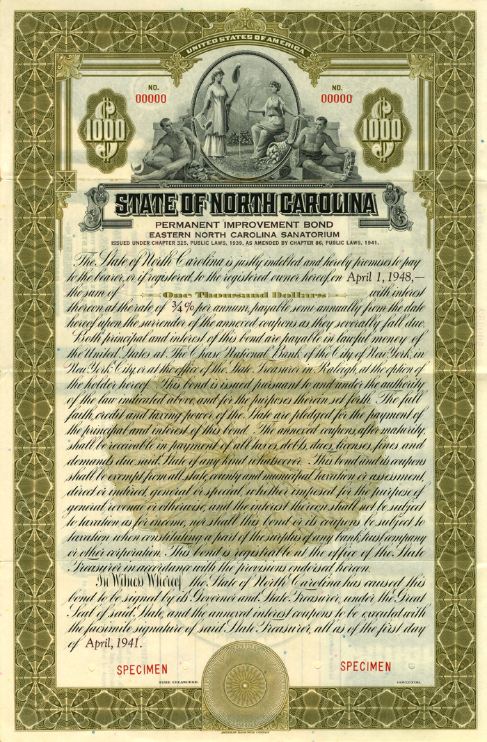 State of North Carolina $1000 Bond